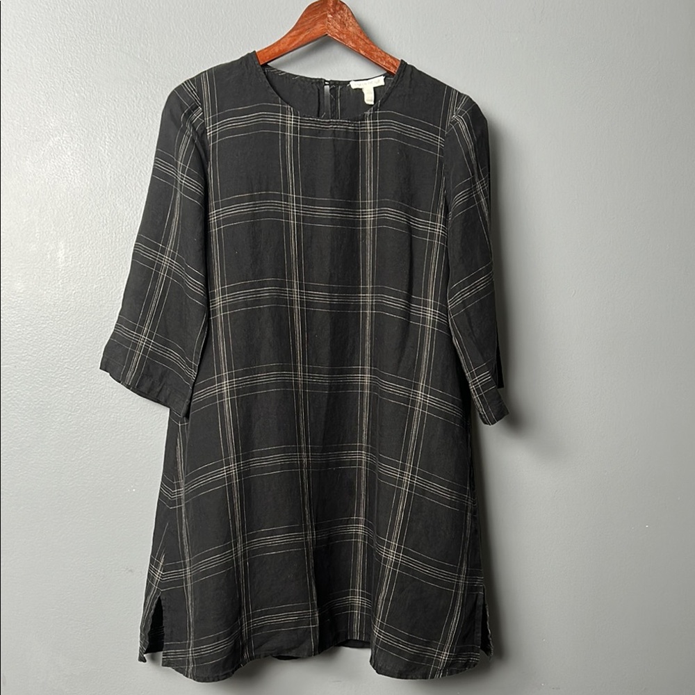 Eileen Fisher Plaid Lagenlook Organic Linen Black White Plaid Tunic Dress XS